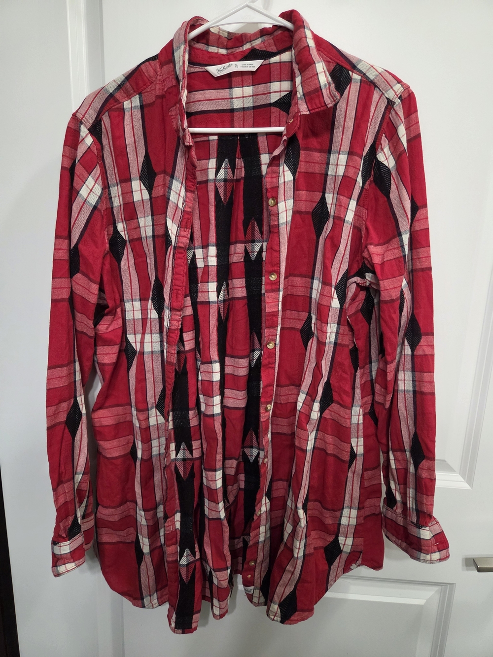 Woolrich Red Black and White Plaid Button-Up Shirt with Diamond Accents